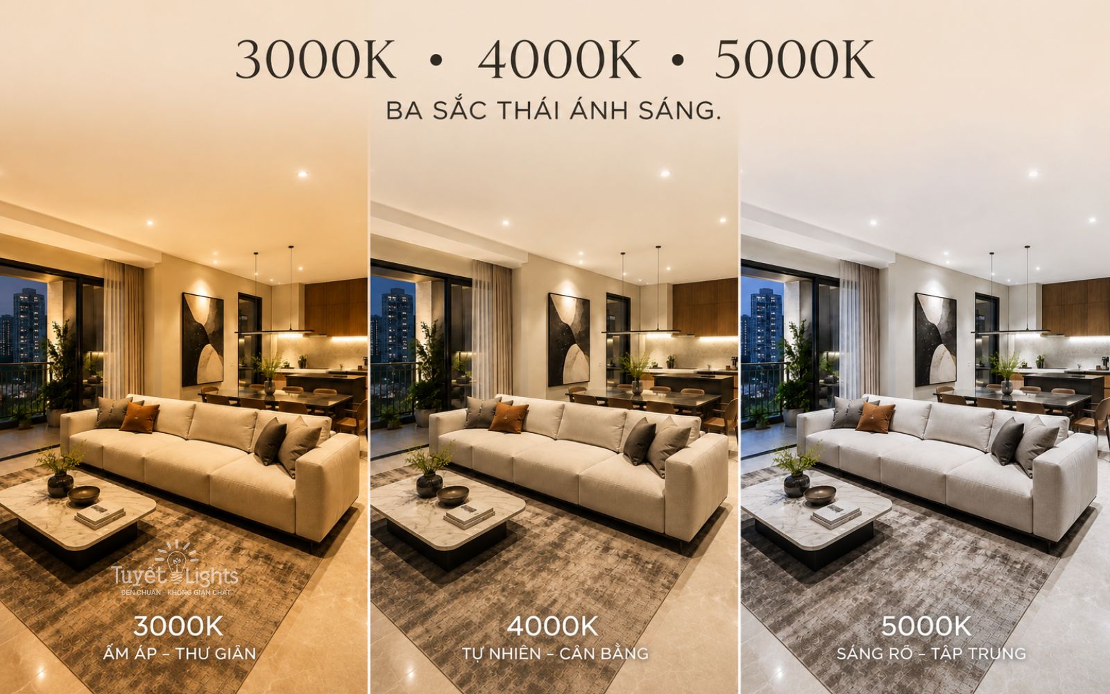 Đèn Tuyết Lights chiếu sáng phòng khách hiện đại với ba nhiệt độ màu 3000K 4000K 5000K